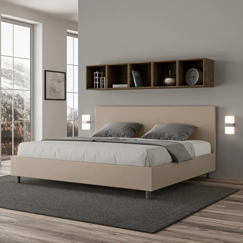 Tweepersoonsbed 200x200 cm met hoofdbord van kunstleer, gemaakt in Italië - Pallone Viadurini