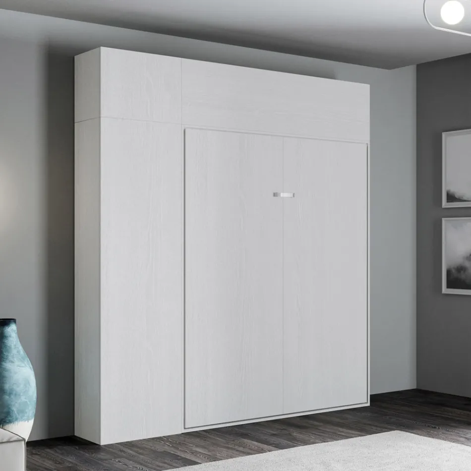 Verticaal opklapbaar tweepersoonsbed met wandmeubel en kolom - Magicompare Viadurini