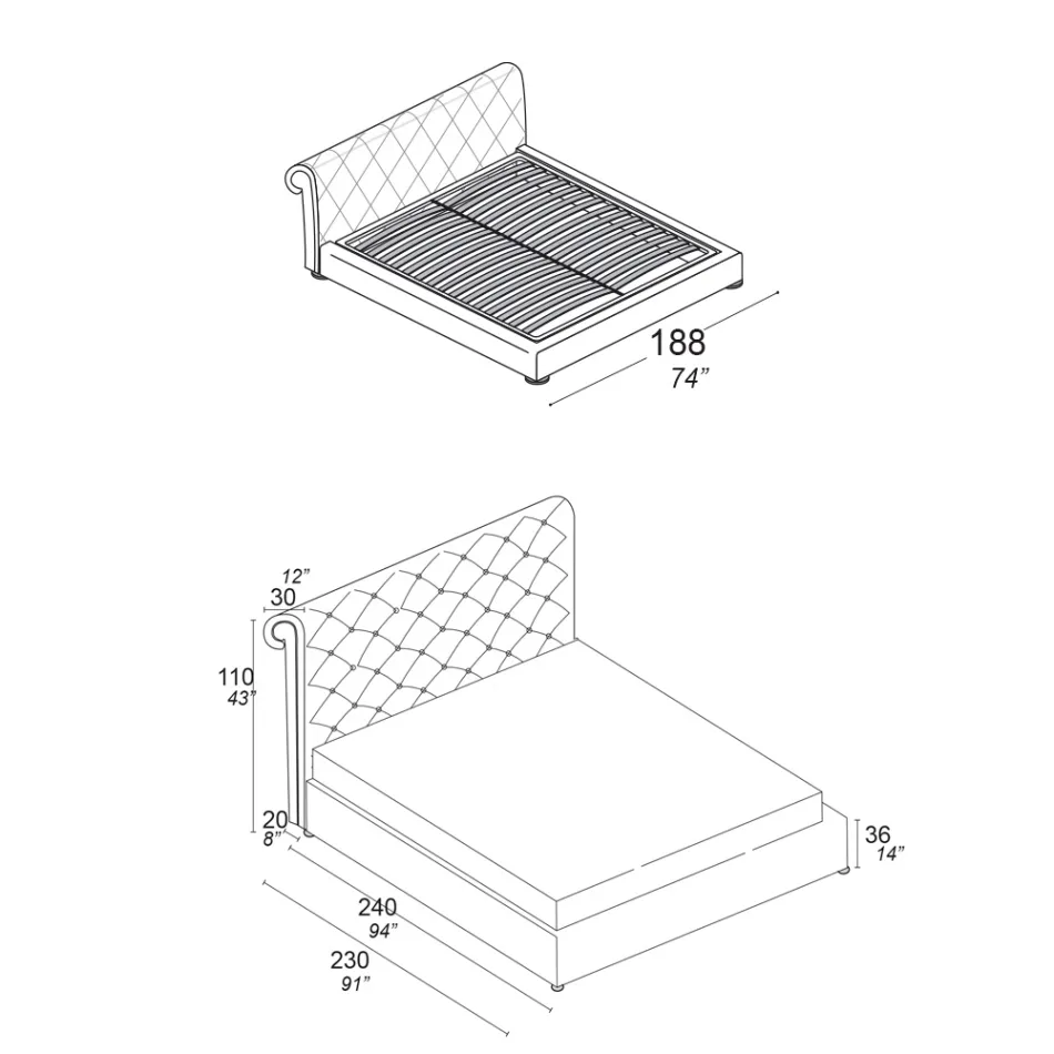 Tweepersoonsbed met capitonné vulling en houten poten - Briosco Viadurini
