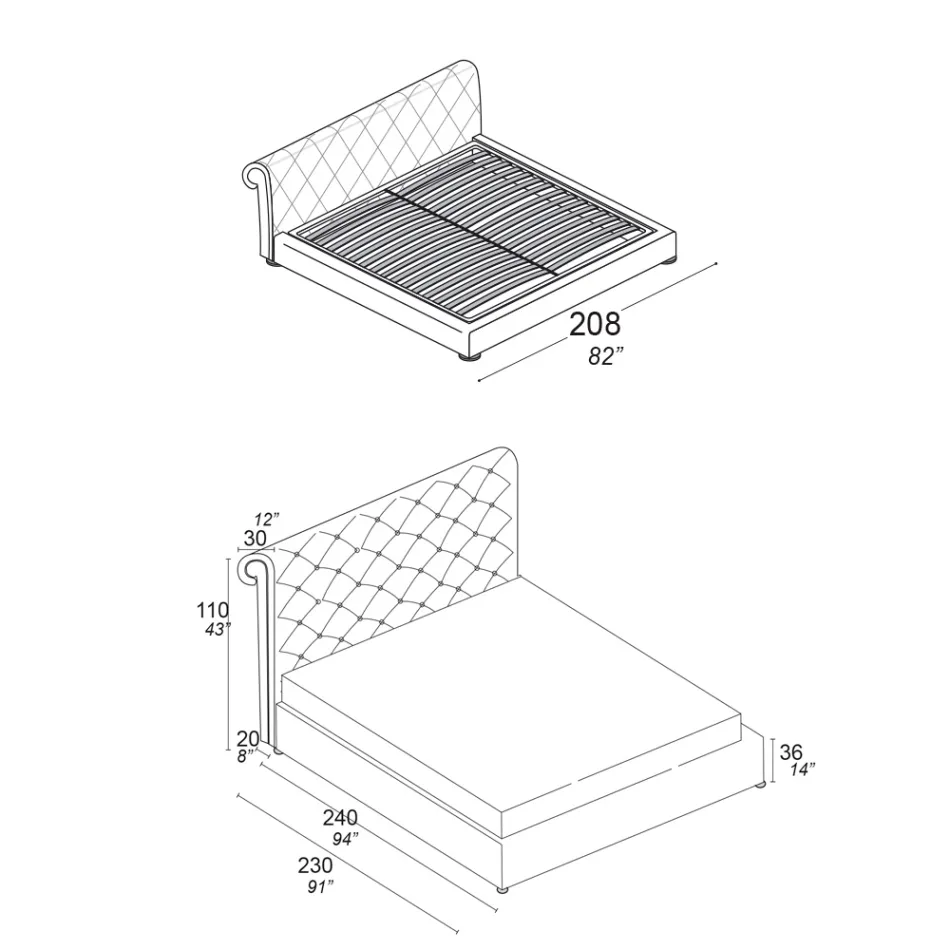 Tweepersoonsbed met capitonné vulling en houten poten - Briosco Viadurini