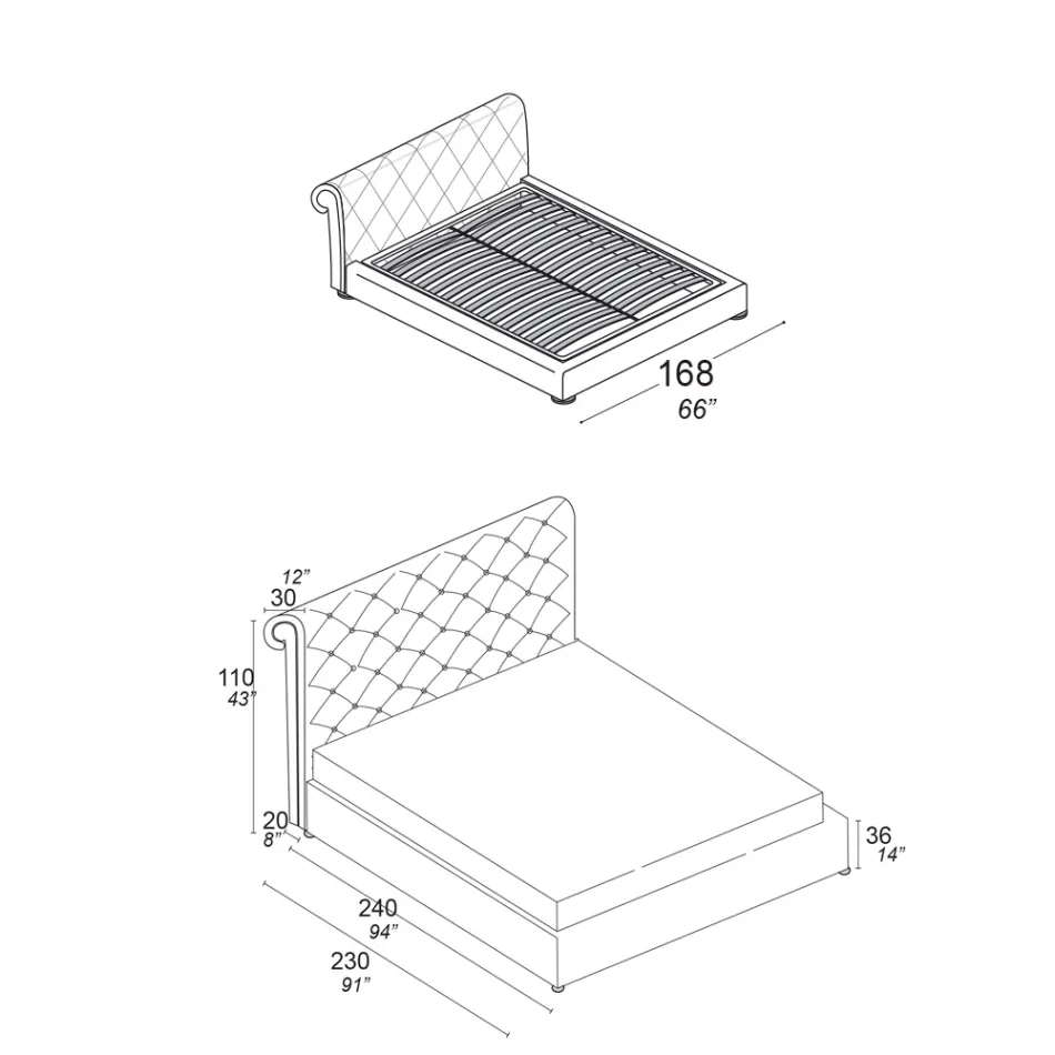 Tweepersoonsbed met capitonné vulling en houten poten - Briosco Viadurini