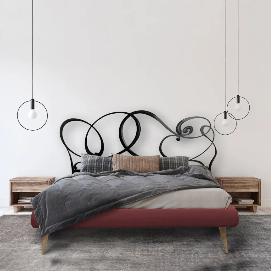 Tweepersoonsbed met ijzeren hoofdeinde en gevoerd bedframe Made in Italy - Kenzo Viadurini