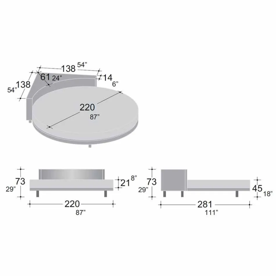Modern rond tweepersoonsbed met hoekig hoofdeinde Made in Italy - Tima Viadurini