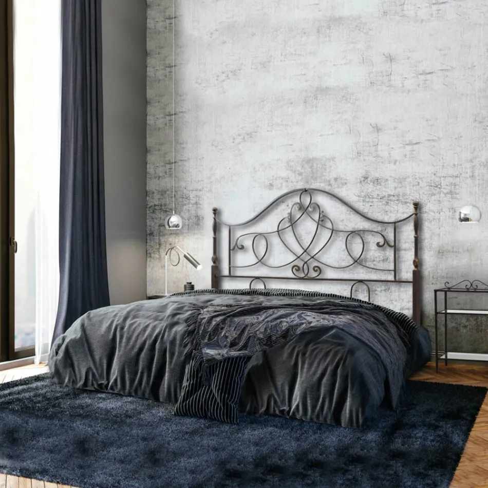 Tweepersoonsbed Buisvormig ijzeren hoofdeinde Antiek Bruin Goud - Maat Viadurini