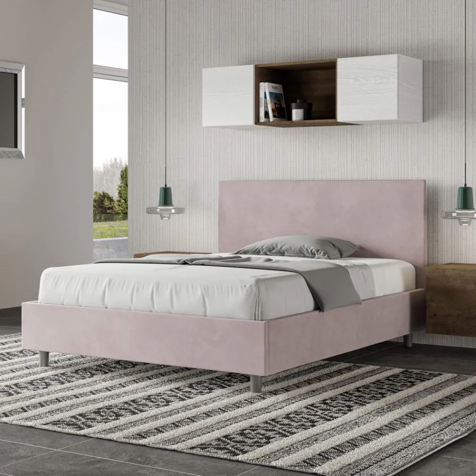 Tweepersoonsbed 140x200 cm met hoofdbord van microvezel, gemaakt in Italië - Pallone Viadurini