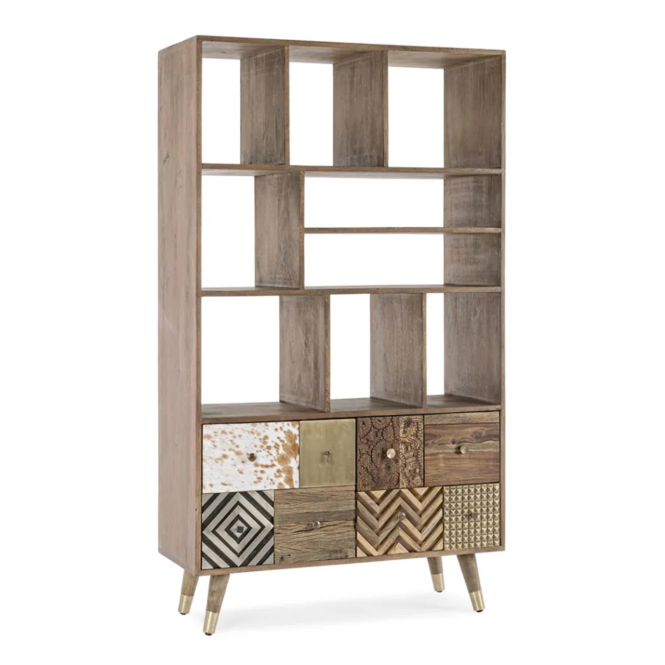 Woonkamer boekenkast in mangohout en Homemotion gerecyclede deuren - Auriel Viadurini