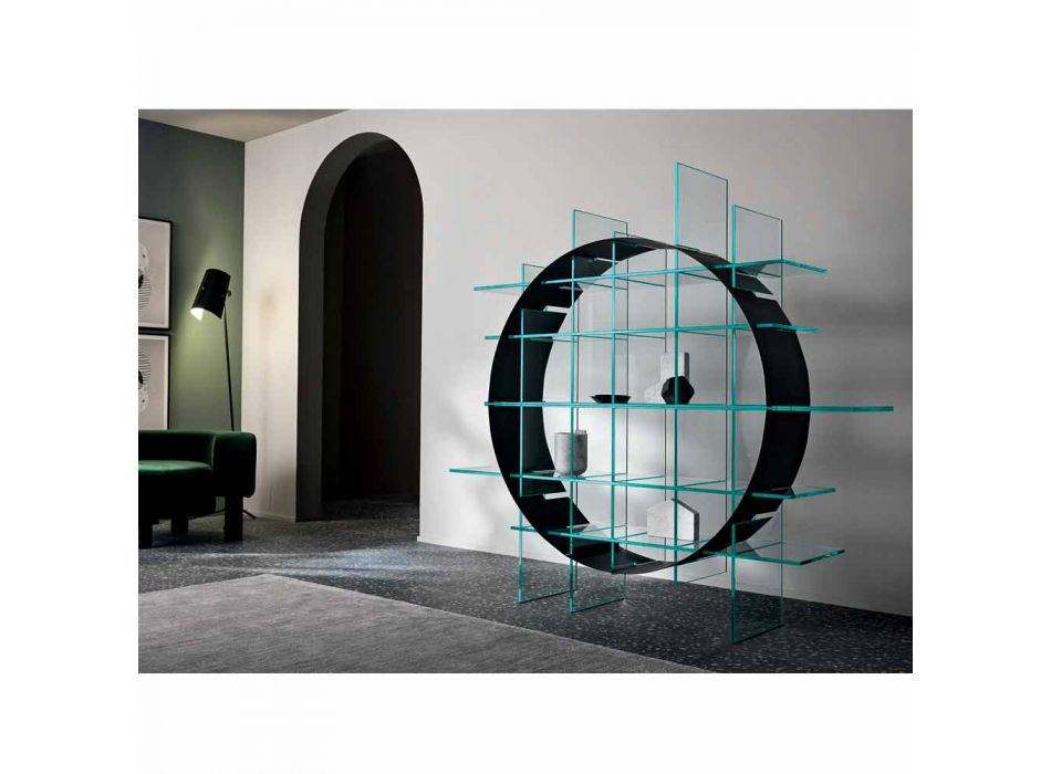 Vrijstaande cirkelvormige boekenkast in extra helder glas en geborsteld zwart - Marco Viadurini