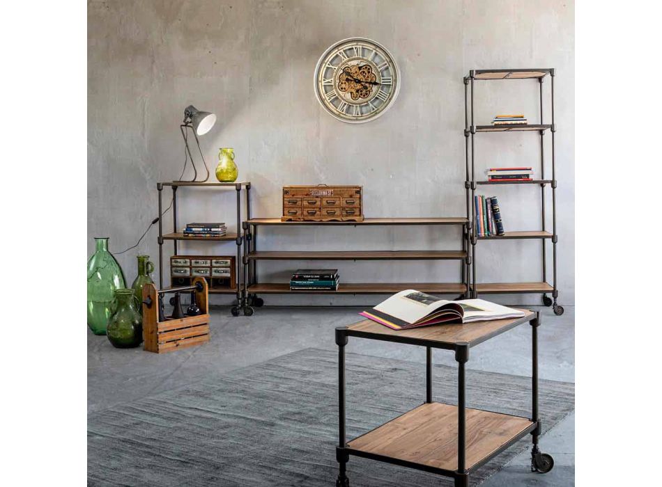 Boekenkast in geverfd staal met wielen en planken in teak Homemotion - Fulvia Viadurini