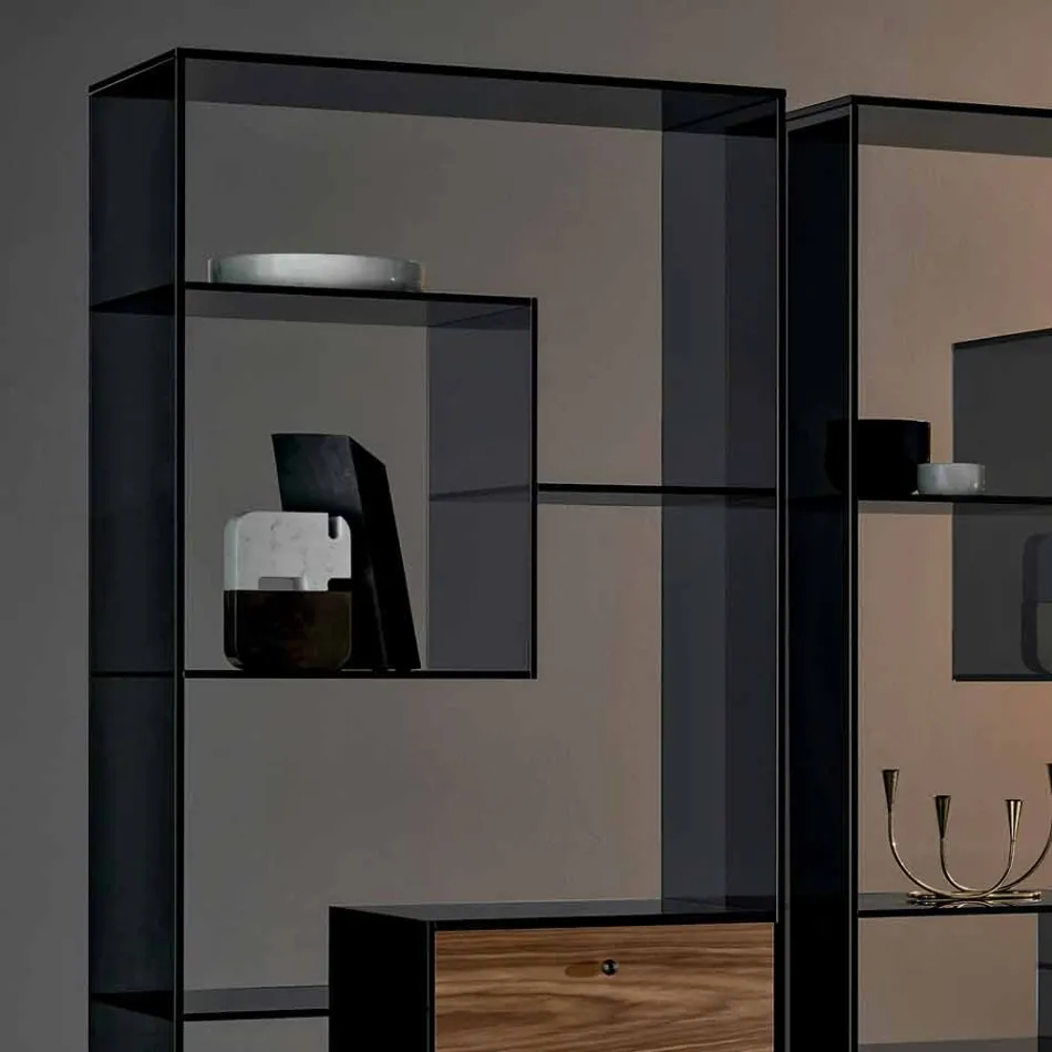 Boekenkast in gerookt glas met Canaletto walnoothouten lade Italiaans design - Linzy Viadurini