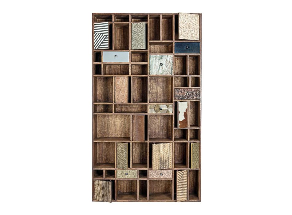 Boekenkast van mangohout en gerecyclede lades met Homemotion-decoraties - Auriel Viadurini