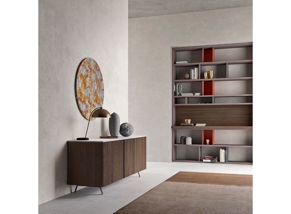 Dressoir met 2 deuren voor woonkamer, in ecologisch hout en metalen blad in marmer - bruin Viadurini