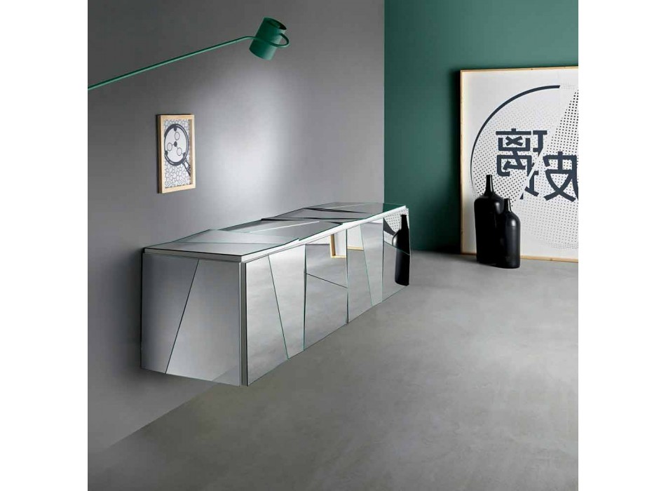 Wandhangend dressoir in mat wit hout en gespiegelde glazen - Senese Viadurini