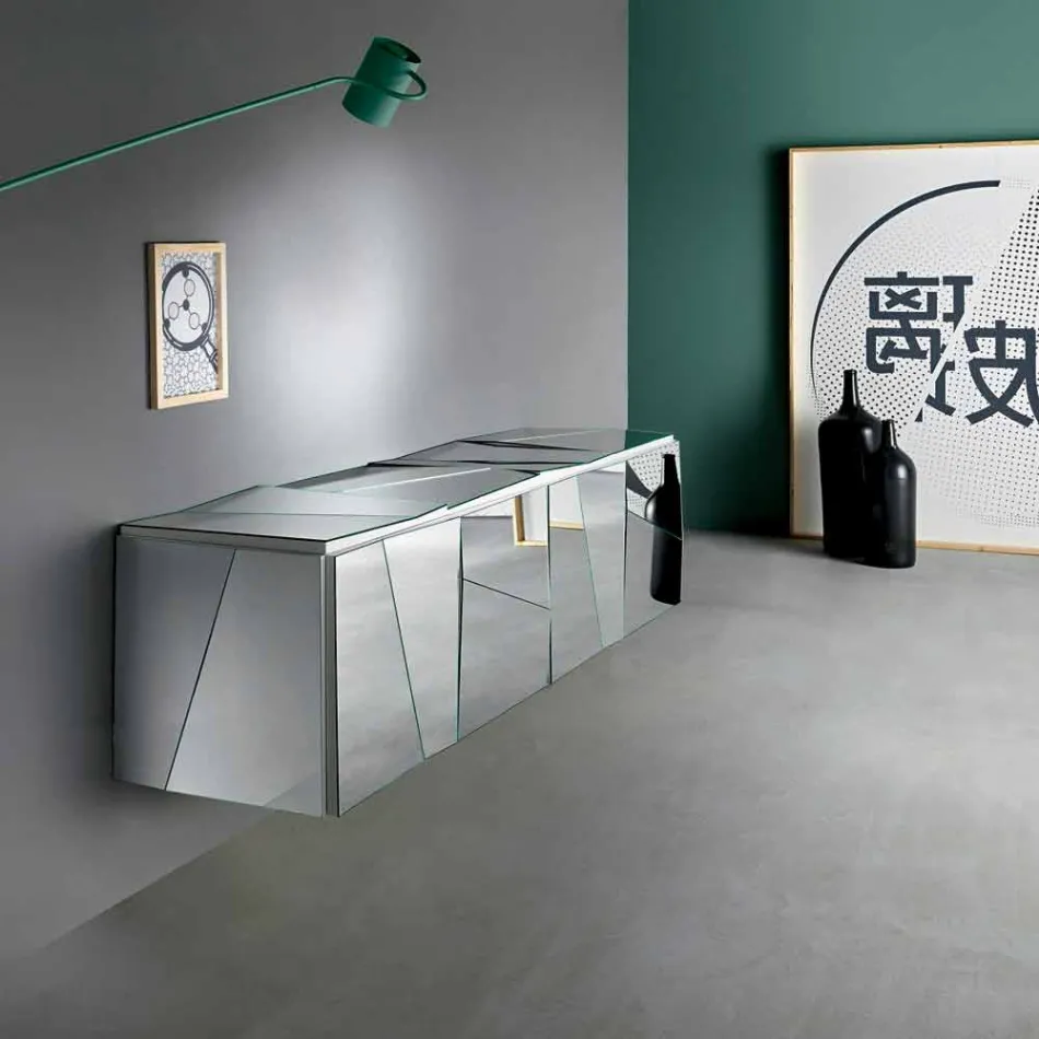 Wandhangend dressoir in mat wit hout en gespiegelde glazen - Senese Viadurini