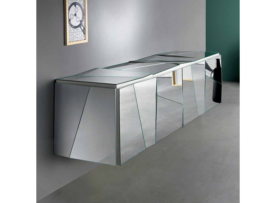 Wandhangend dressoir in mat wit hout en gespiegelde glazen - Senese Viadurini