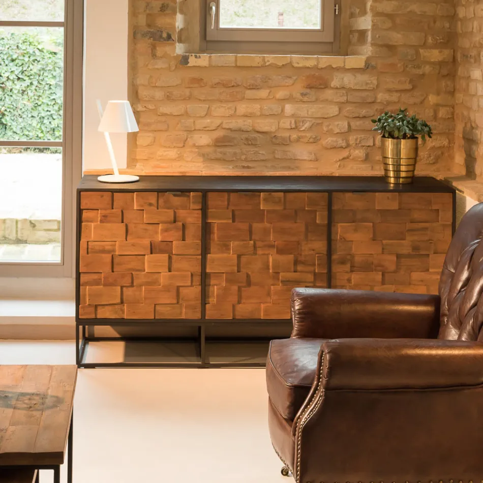 Dressoir met 3 deuren in patchworkstructuur van gerecycled hout en metaal - Schuif Viadurini