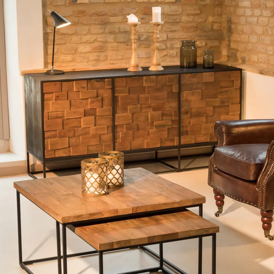 Dressoir met 3 deuren in patchworkstructuur van gerecycled hout en metaal - Schuif Viadurini