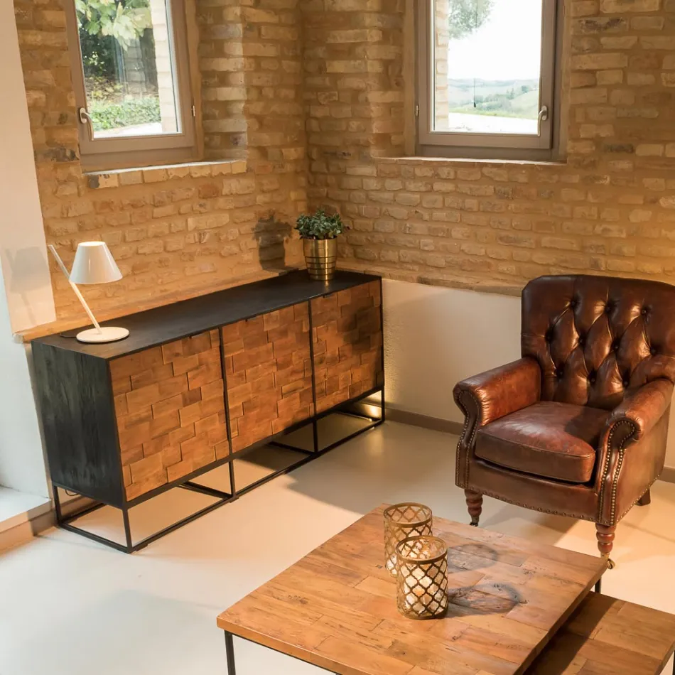 Dressoir met 3 deuren in patchworkstructuur van gerecycled hout en metaal - Schuif Viadurini