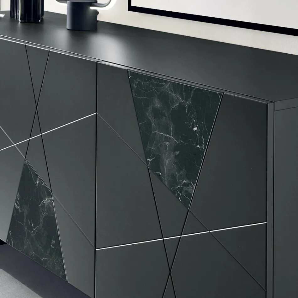 Dressoir met 3 deuren van gelakt MDF met pantograaf- en marmerlook glazen inzetstukken - Danila Viadurini