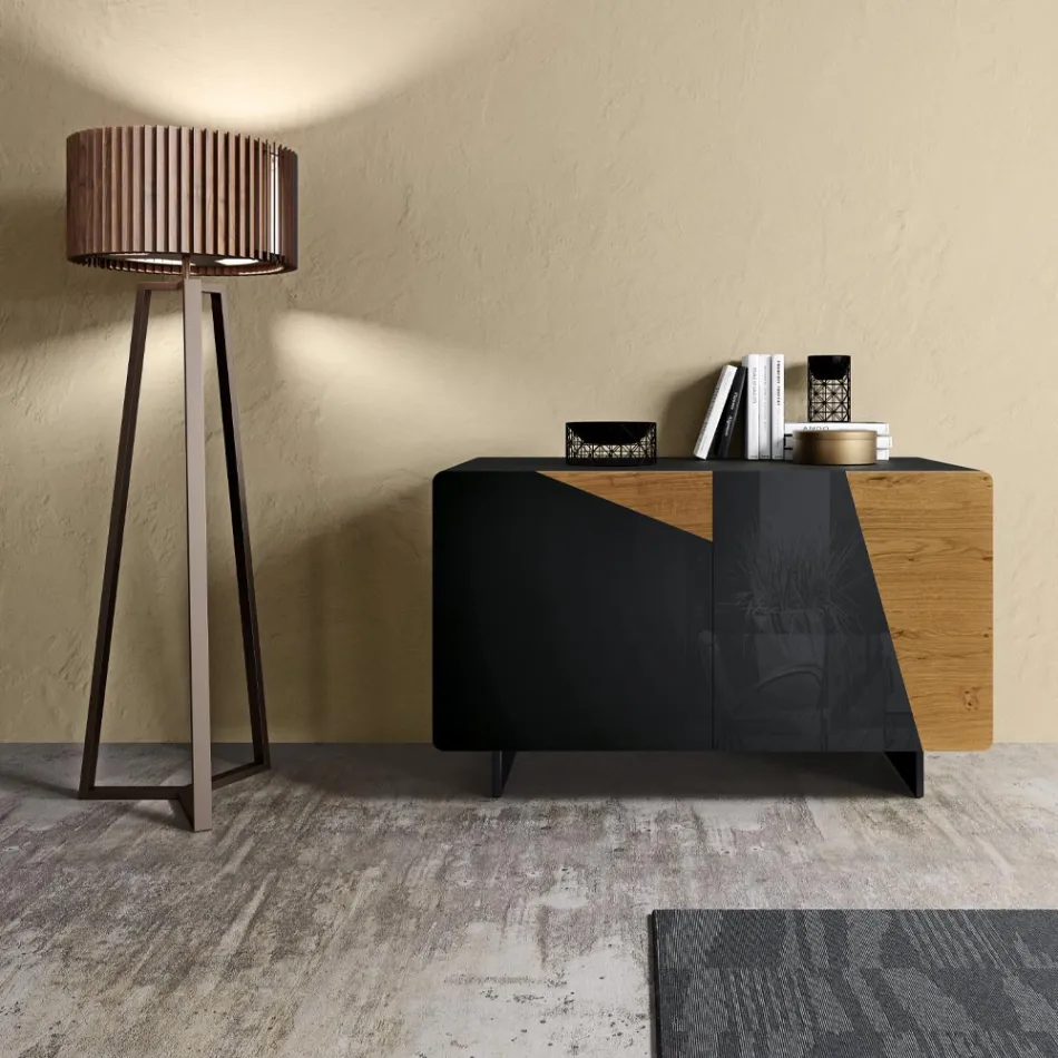 Woonkamerdressoir met 2 deuren in landelijk geknoopt eikenafwerking en antraciet glas - Ove Viadurini