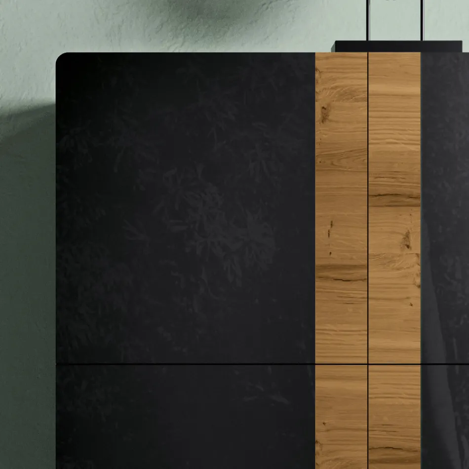 Woonkamerdressoir met 4 deuren in landelijk geknoopt eikenafwerking en antraciet glas - Ove Viadurini