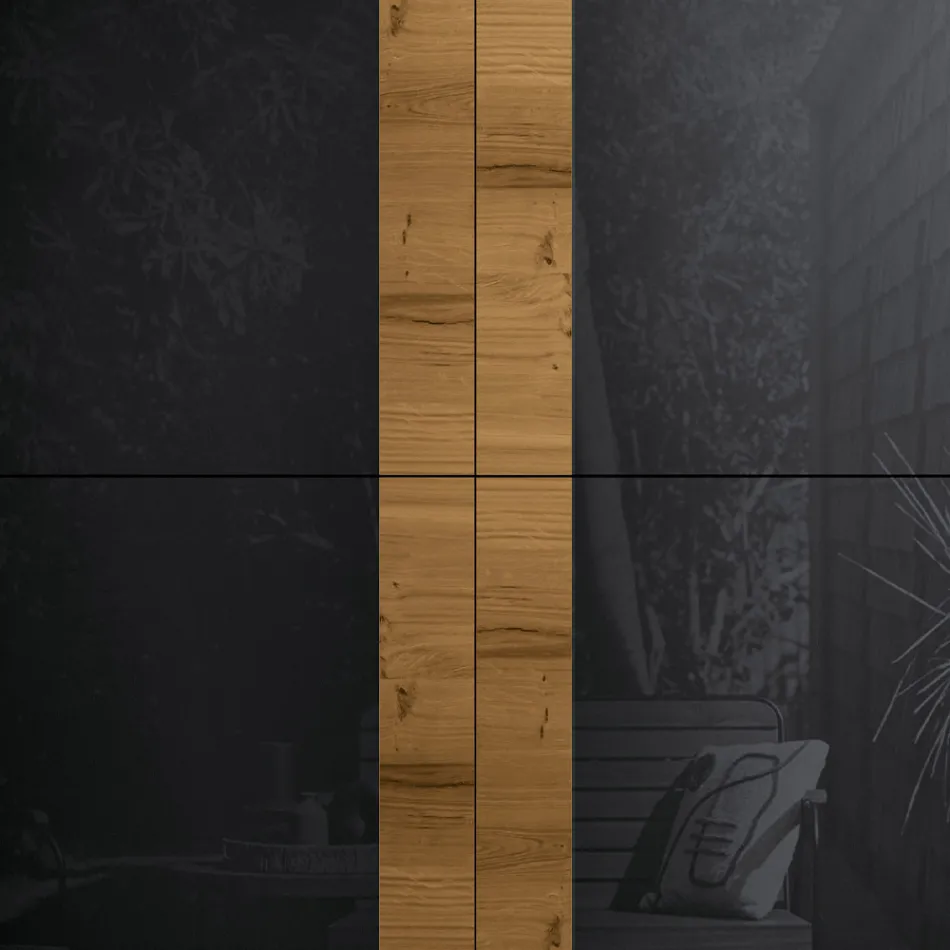 Woonkamerdressoir met 4 deuren in landelijk geknoopt eikenafwerking en antraciet glas - Ove Viadurini