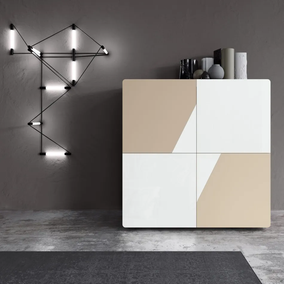 Woonkamerdressoir met 4 deuren in wit glas en nertsafwerking Made in Italy - Eva Viadurini