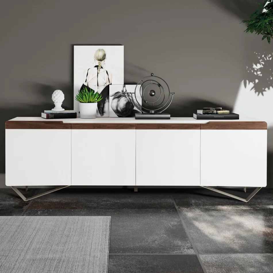 Dressoir voor woongedeelte met 4 deuren in wit en Canaletto-afwerking Made in Italy - Any Viadurini