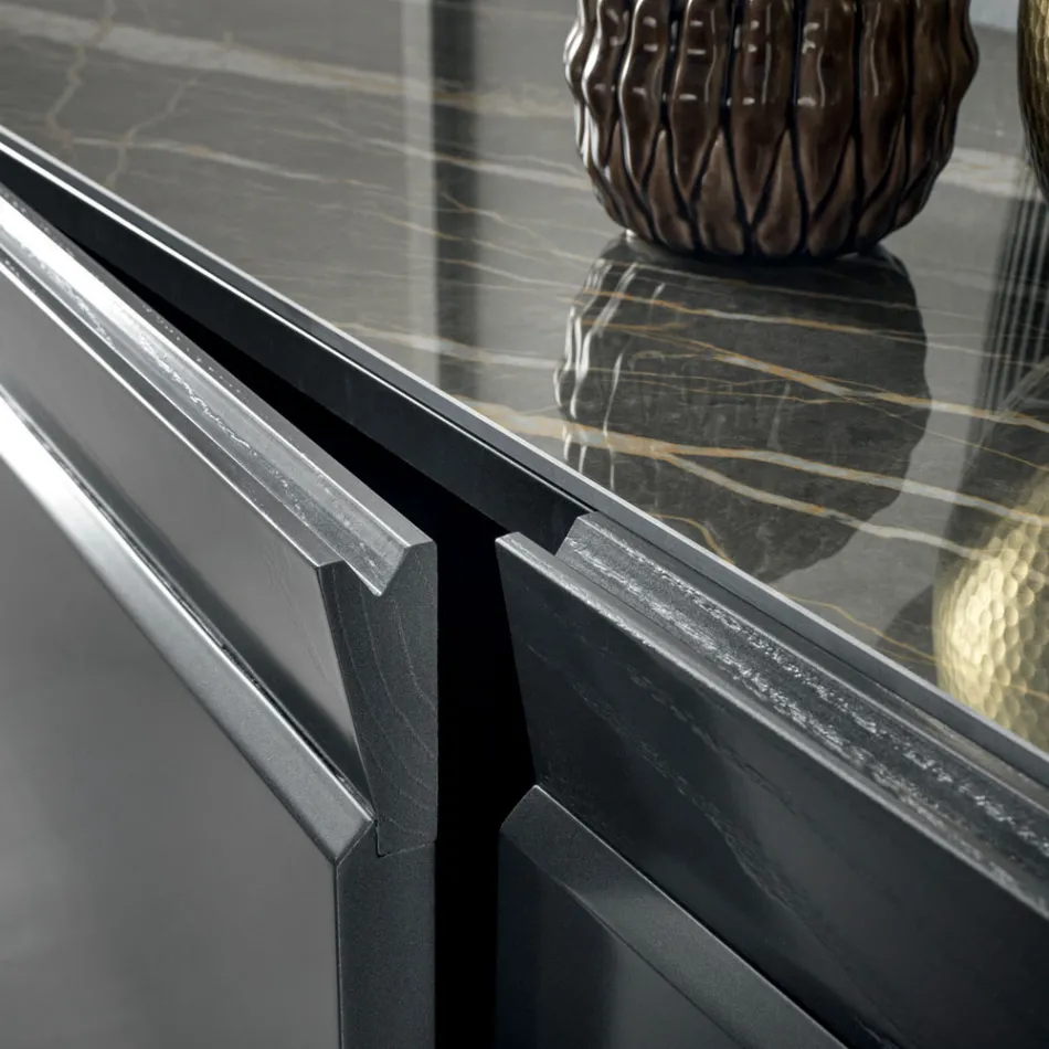 3-deurs houten dressoir met schuine rand en keramisch blad - Mondolfo Viadurini