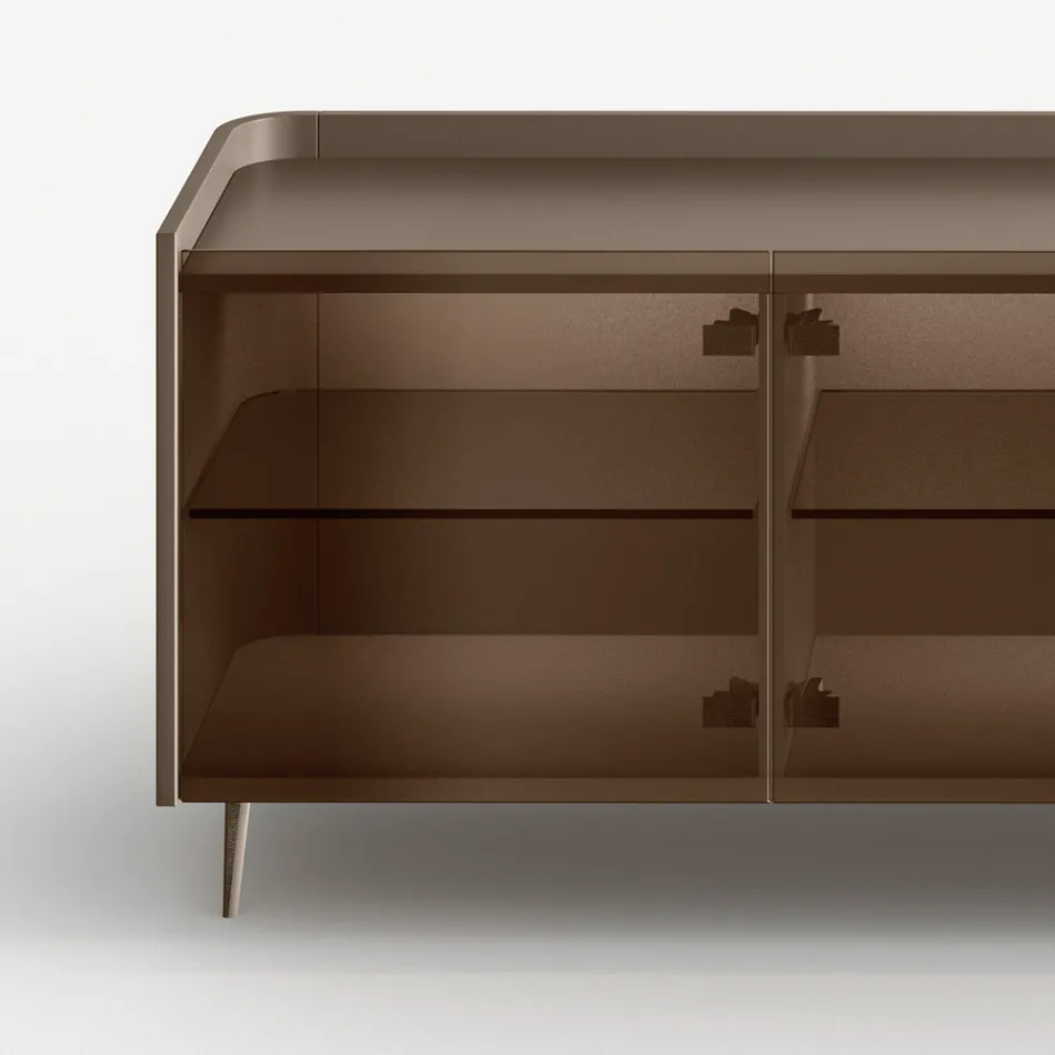 Gebogen dressoir van gelakt hout met deuren van bronskleurig glas, gemaakt in Italië - Lyra Viadurini