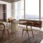 Gebogen dressoir van gelakt hout met deuren van bronskleurig glas, gemaakt in Italië - Lyra Viadurini