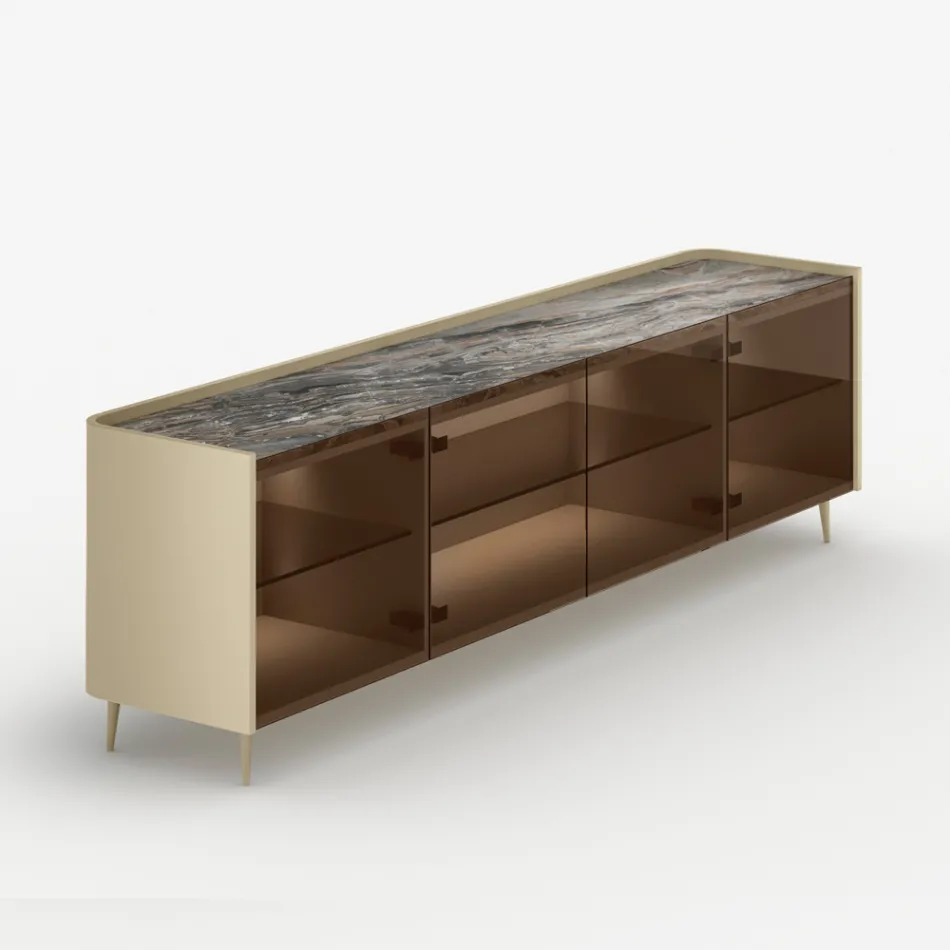 Gebogen dressoir van gelakt hout met deuren van bronskleurig glas, gemaakt in Italië - Lyra Viadurini