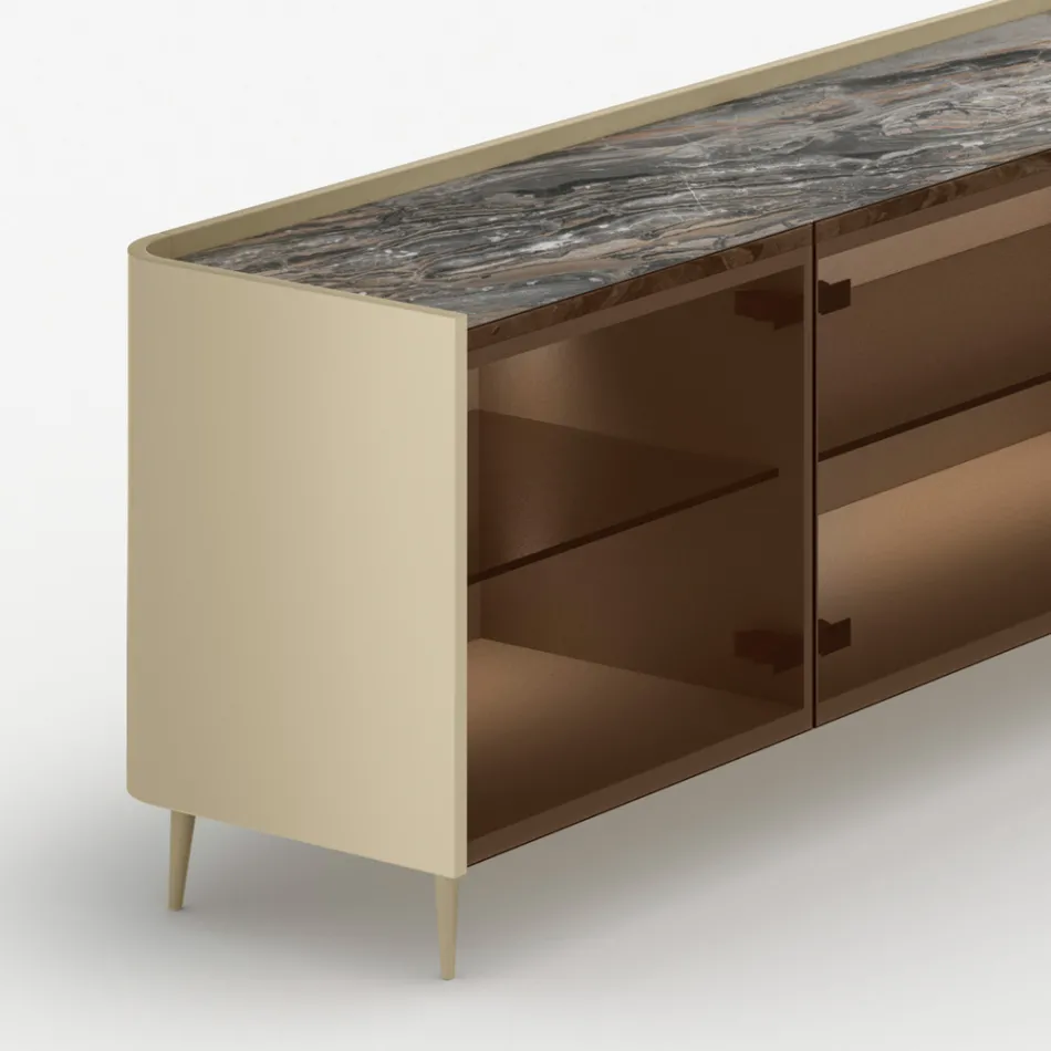 Gebogen dressoir van gelakt hout met deuren van bronskleurig glas, gemaakt in Italië - Lyra Viadurini