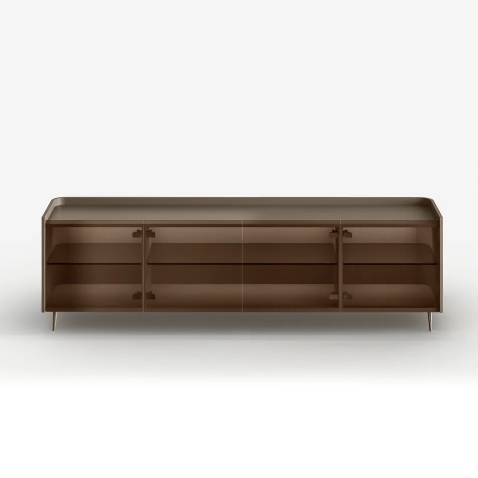 Gebogen dressoir van gelakt hout met deuren van bronskleurig glas, gemaakt in Italië - Lyra Viadurini