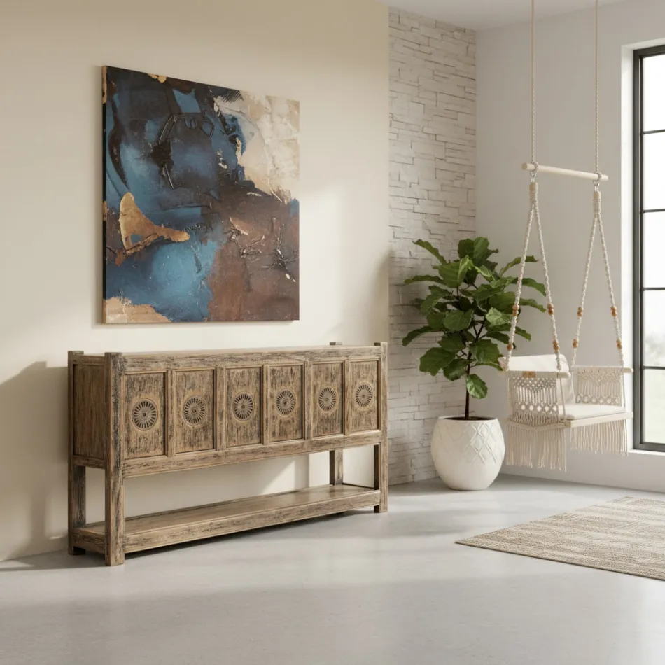 Grenenhouten dressoir met antieke afwerking en 6 deuren - Airasca Viadurini