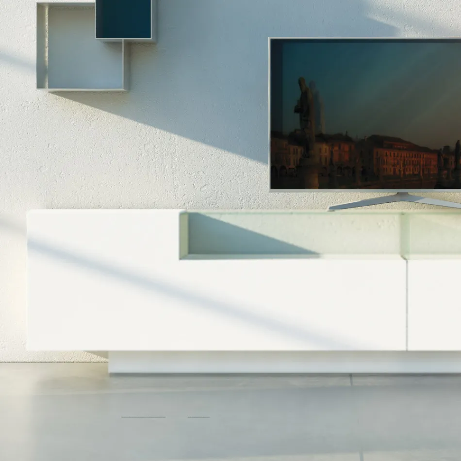 Dressoir in wit Mdf met glazen kast en plintvoet Made in Italy - Kisha Viadurini