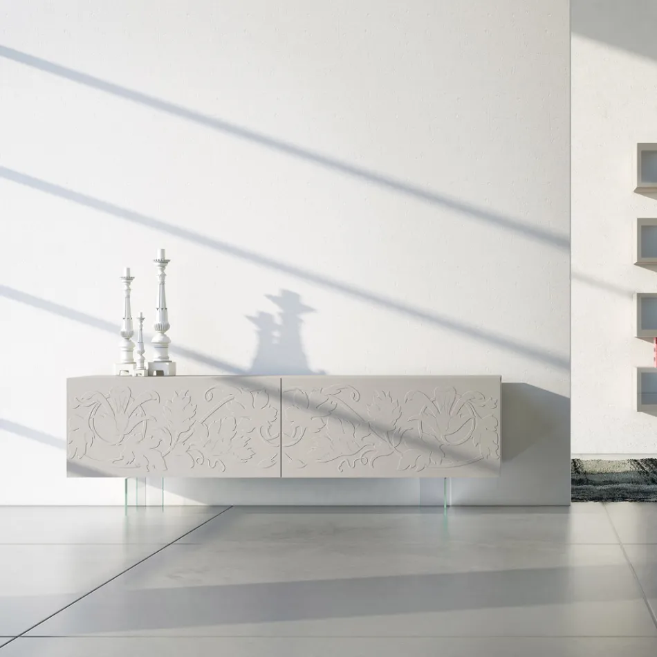 Dressoir in lichtgrijs Mdf met glazen voetjes Made in Italy - Germena Viadurini