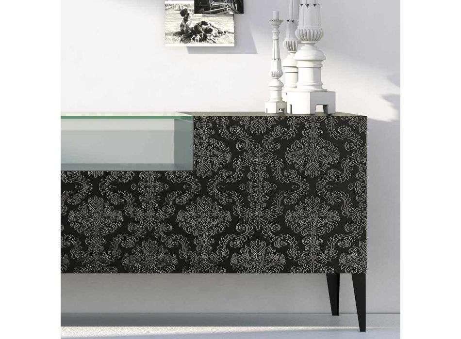 Dressoir in zwart Mdf met glazen kast en versierde deuren Made in Italy - Marissa Viadurini