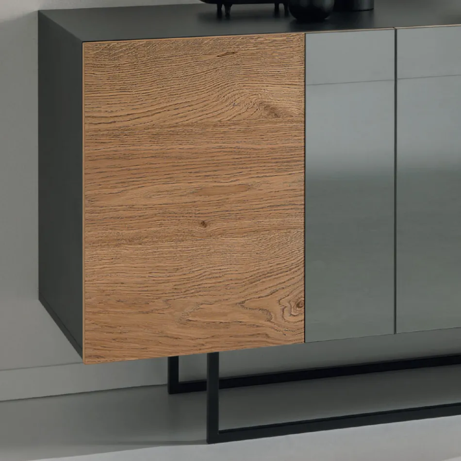 Dressoir van melamine met 3 eikenhouten deuren en spiegel. Gemaakt in Italië - Romina Viadurini