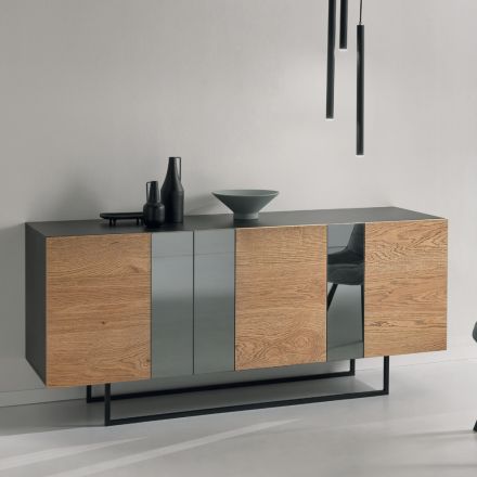 Dressoir van melamine met 3 eikenhouten deuren en spiegel. Gemaakt in Italië - Romina Viadurini