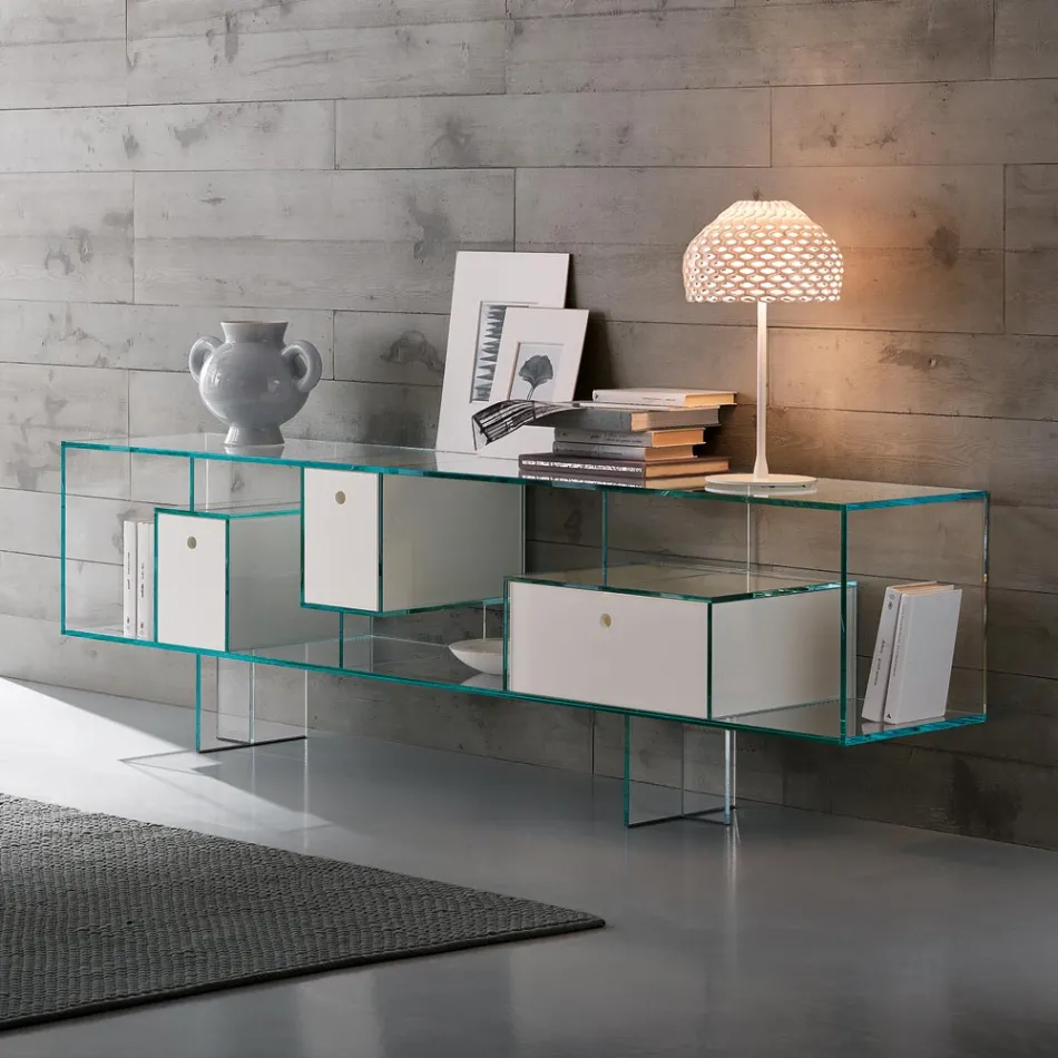 Glazen dressoir met drie lades, elegant ontwerp, gemaakt in Italië - Senera Viadurini