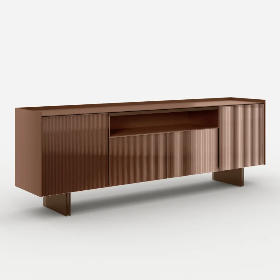 Dressoir van gelakt glas met massief houten profiel, gemaakt in Italië - Lutea Viadurini