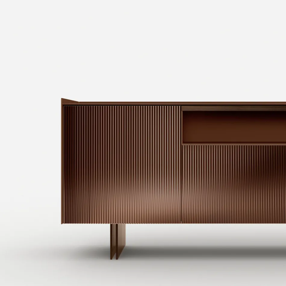 Dressoir van gelakt glas met massief houten profiel, gemaakt in Italië - Lutea Viadurini