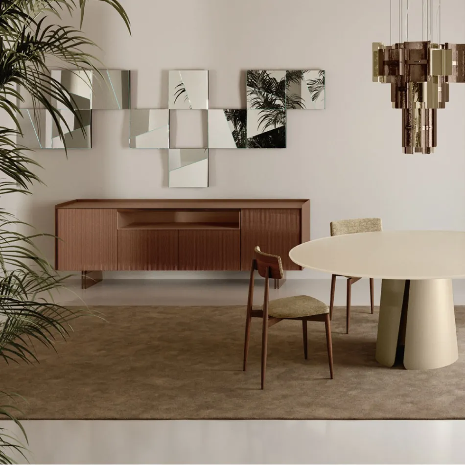 Dressoir van gelakt glas met massief houten profiel, gemaakt in Italië - Lutea Viadurini