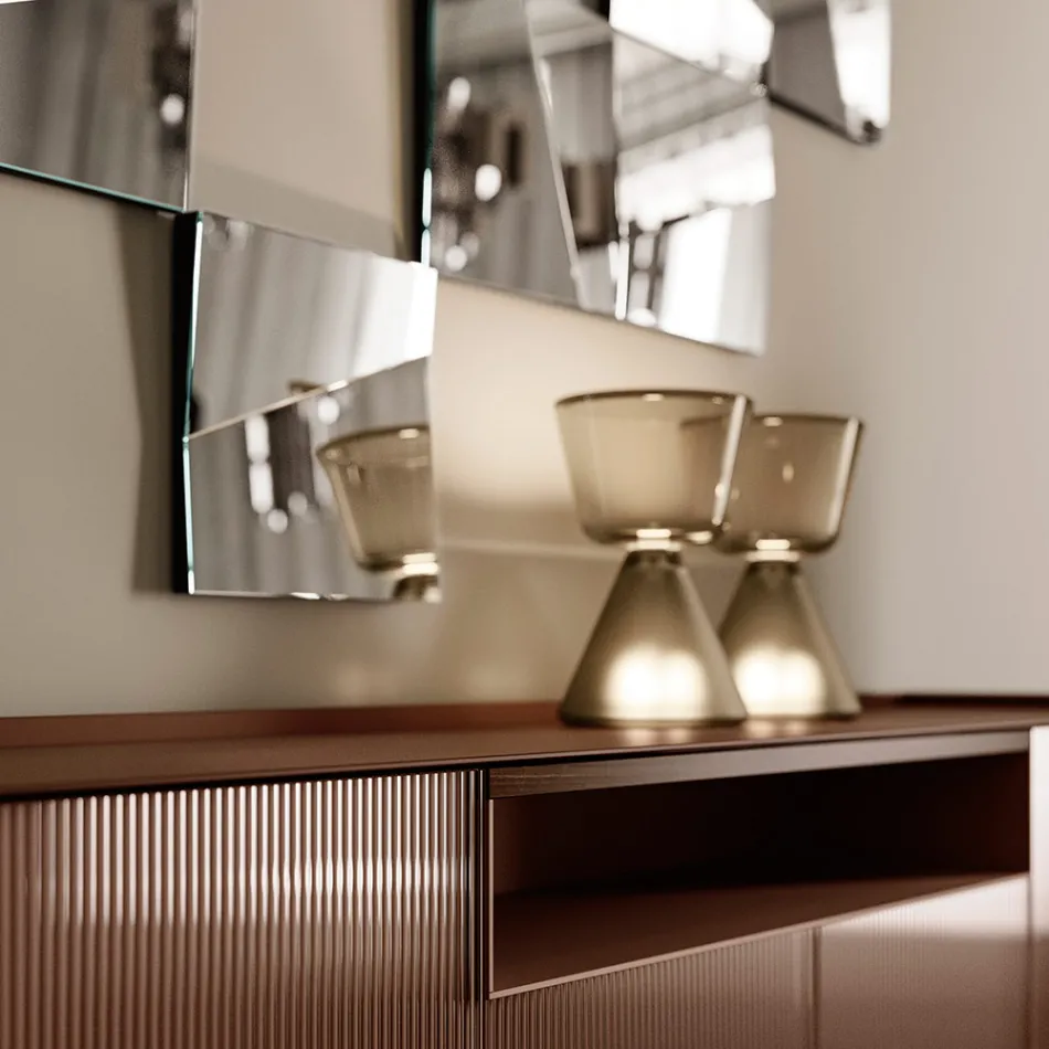 Dressoir van gelakt glas met massief houten profiel, gemaakt in Italië - Lutea Viadurini