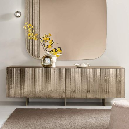 Vierdeurs dressoir van melamine en gecoat gestreept glas, gemaakt in Italië - Ninfa Viadurini