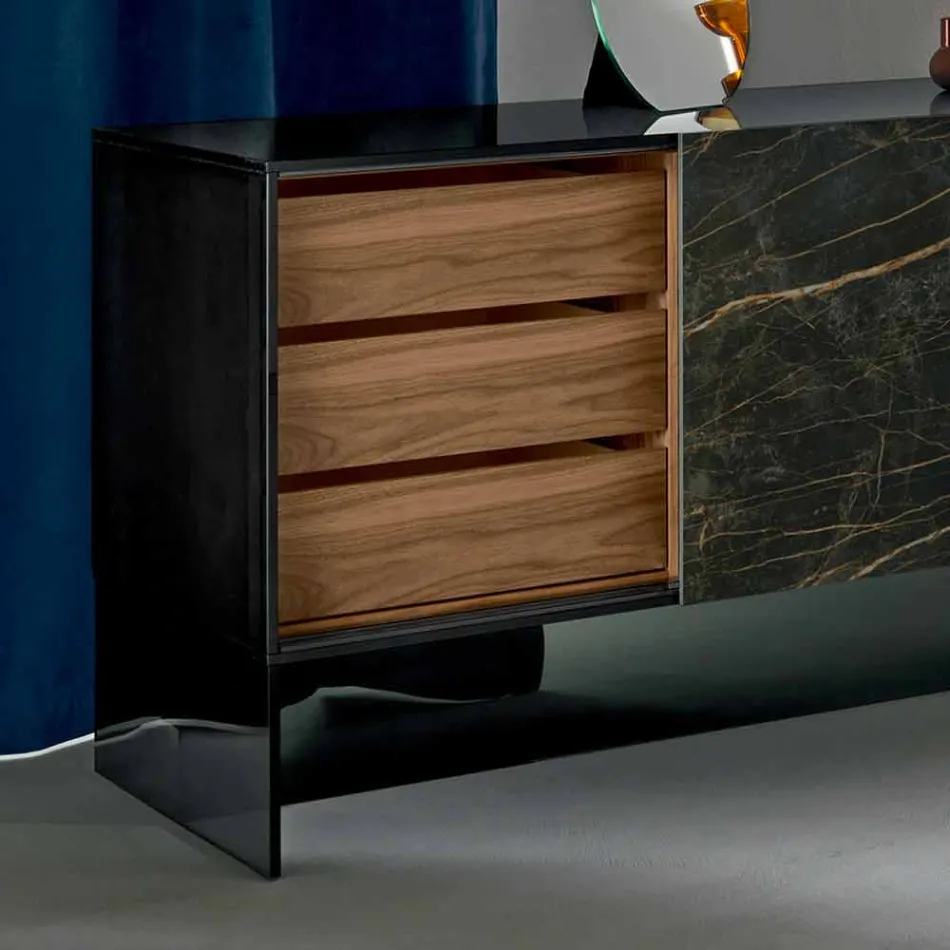 Woonkamer Sideboard 2 keramische deuren en structuur van gerookt glas Made in Italy - Sciocca Viadurini