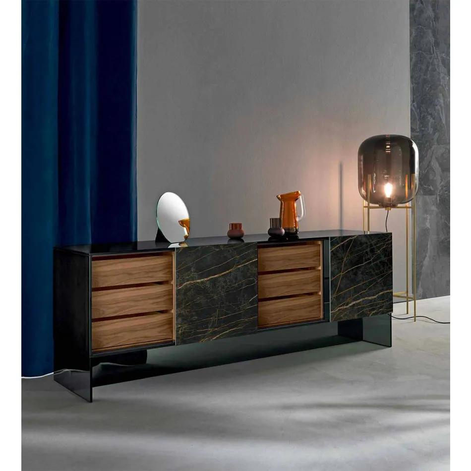 Woonkamer Sideboard 2 keramische deuren en structuur van gerookt glas Made in Italy - Sciocca Viadurini