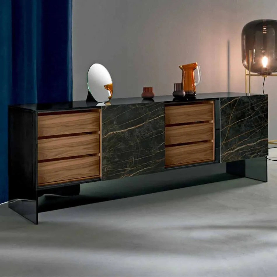 Woonkamer Sideboard 2 keramische deuren en structuur van gerookt glas Made in Italy - Sciocca Viadurini