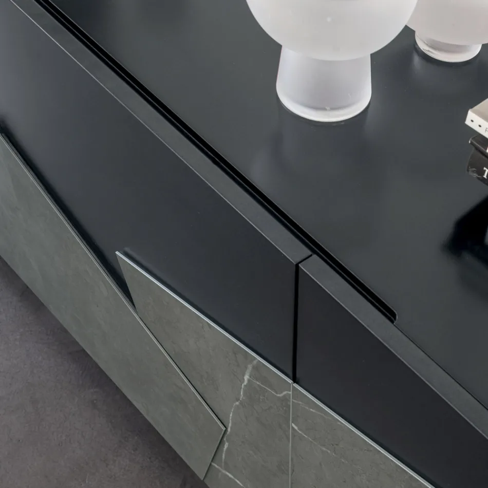 Woonkamer dressoir in gelakt mdf 3 deuren met keramische inzetstukken - Imperio Viadurini