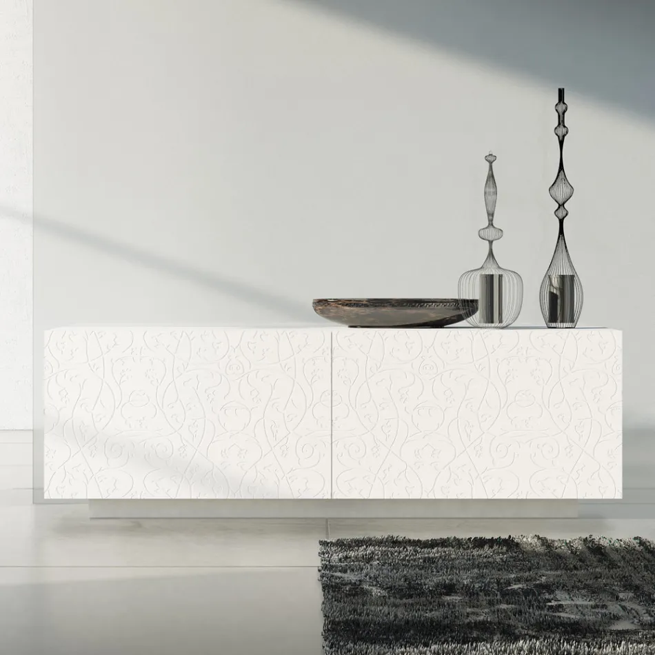 Woonkamer dressoir in wit gelakt Mdf met bas-reliëf Made in Italy - Acqua Viadurini